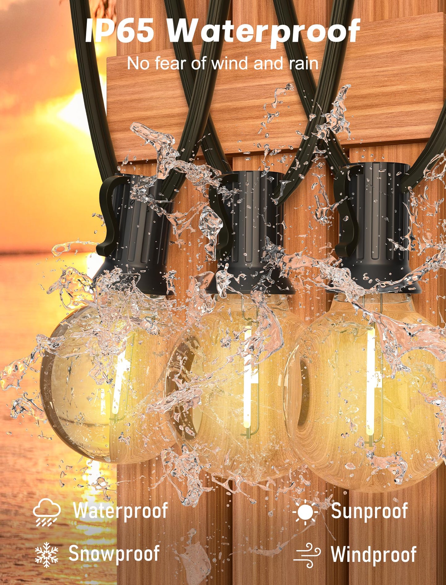 Sunsgne 25Ft Globe Led Outdoor String Lights - Waterproof Shatterproof Black Wire, Warm White Plastic Bulbs For Café Bistro Pergola Tents