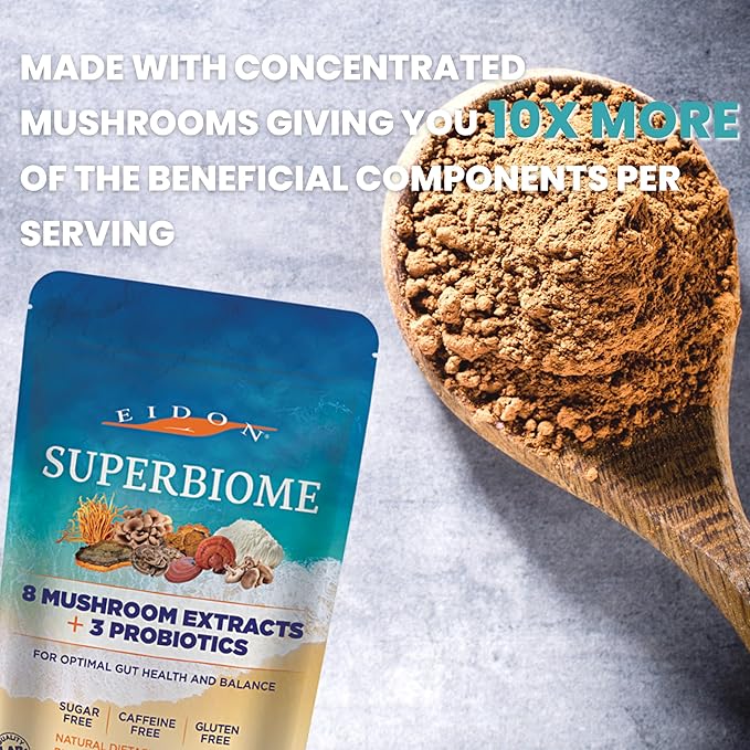 Eidon Ionic Minerals SuperBiome, Mushroom Probiotics Powder Blend, Microbiome Health Supplement with Organic Reishi, Chaga, Lion's Mane, Cordyceps, Turkey Tail, Shitake, Maitake, Phelinus, 30 Servings