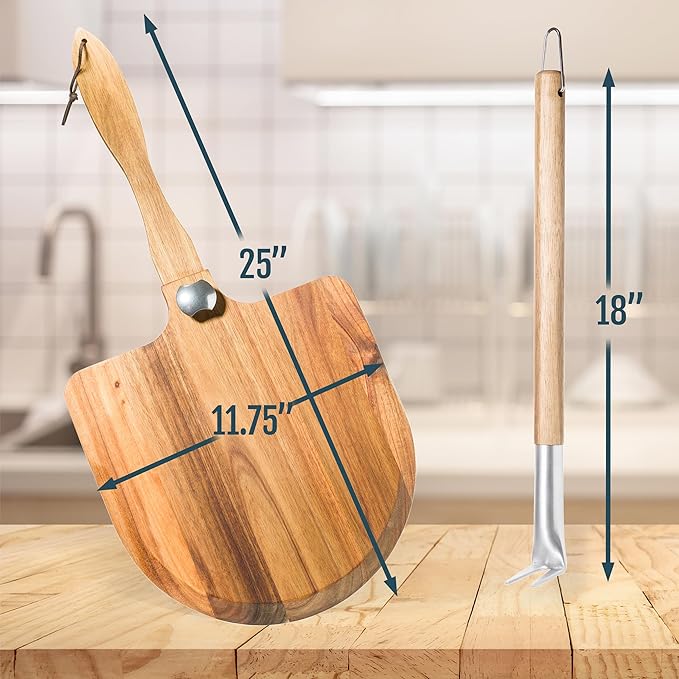 Acacia Wood Pizza Peel & Wooden Paddle Set – Folding Handle Pizza Board with 18″ Turning Fork, Pizza Oven Tools & Accessories for Homemade Pizza, Bread & Baking, Gifts for Pizza Lovers