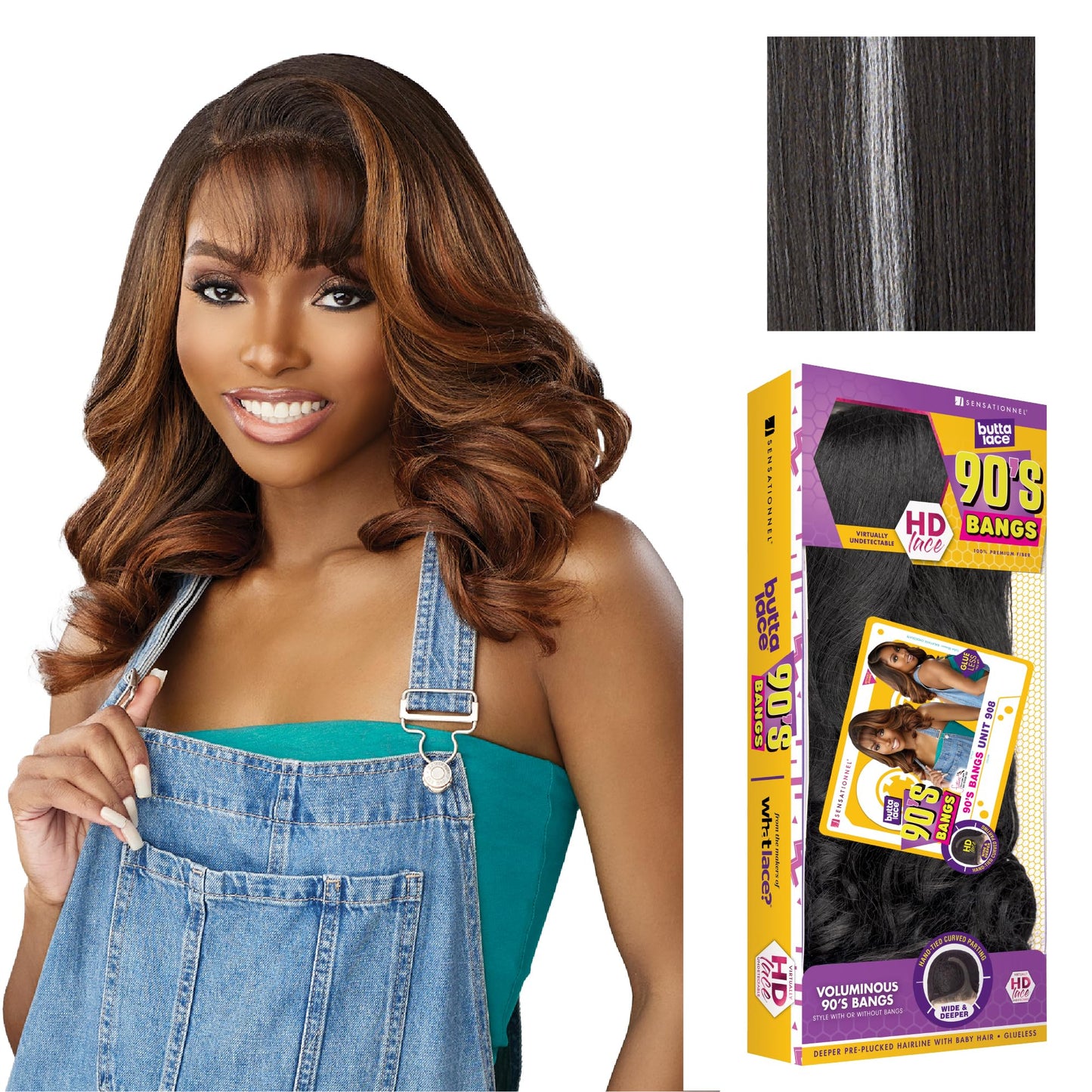 Sensationnel Butta Lace 90Sbangs Wigs - Unit 908 Glueless Wide Deep Part Synthetic Preplucked Hairline (BALAYAGEPLATINUM)