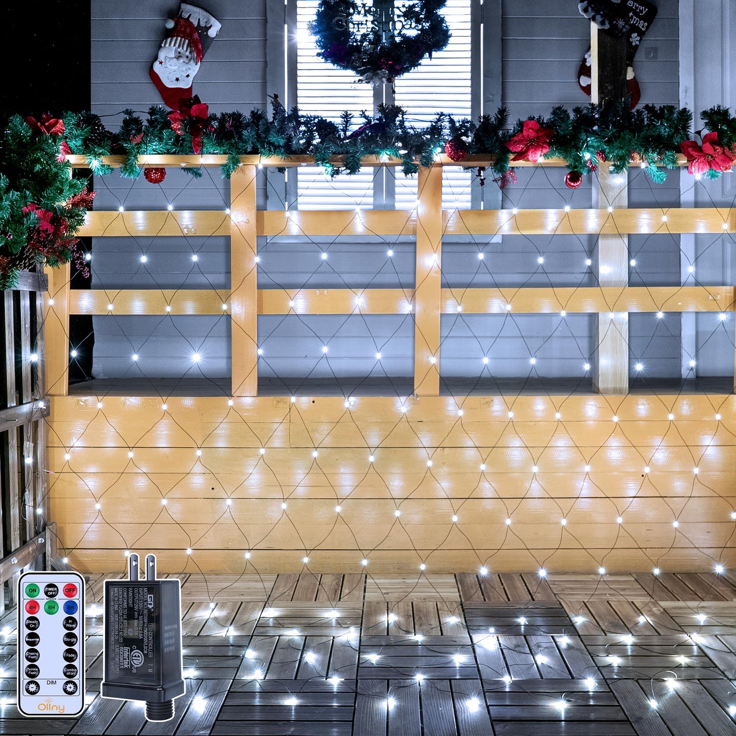 Ollny Net Lights Outdoor Mesh Light  210Led 10X7Ft Green Wire Christmas Net Lights  Ip67 Waterproof  8 Modes Plug In Bush Light For Tree Shrubs Outside Patio Decorations  Cool White
