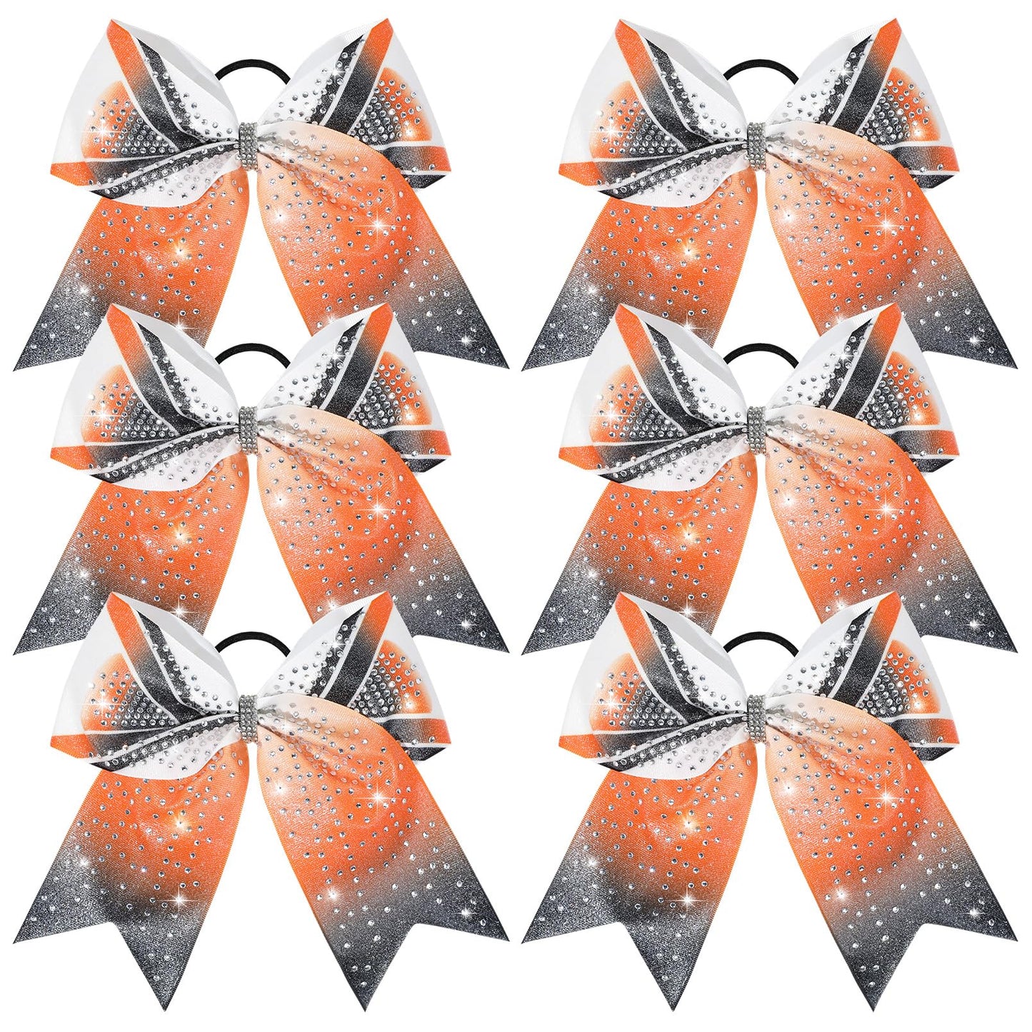 DEEKA 6PCS 8 Large Glitter Cheer Bows Black and Orange Gradient Color Rhinestone Shiny Cheer Hair Bows Elastic Band Ponytail Hol