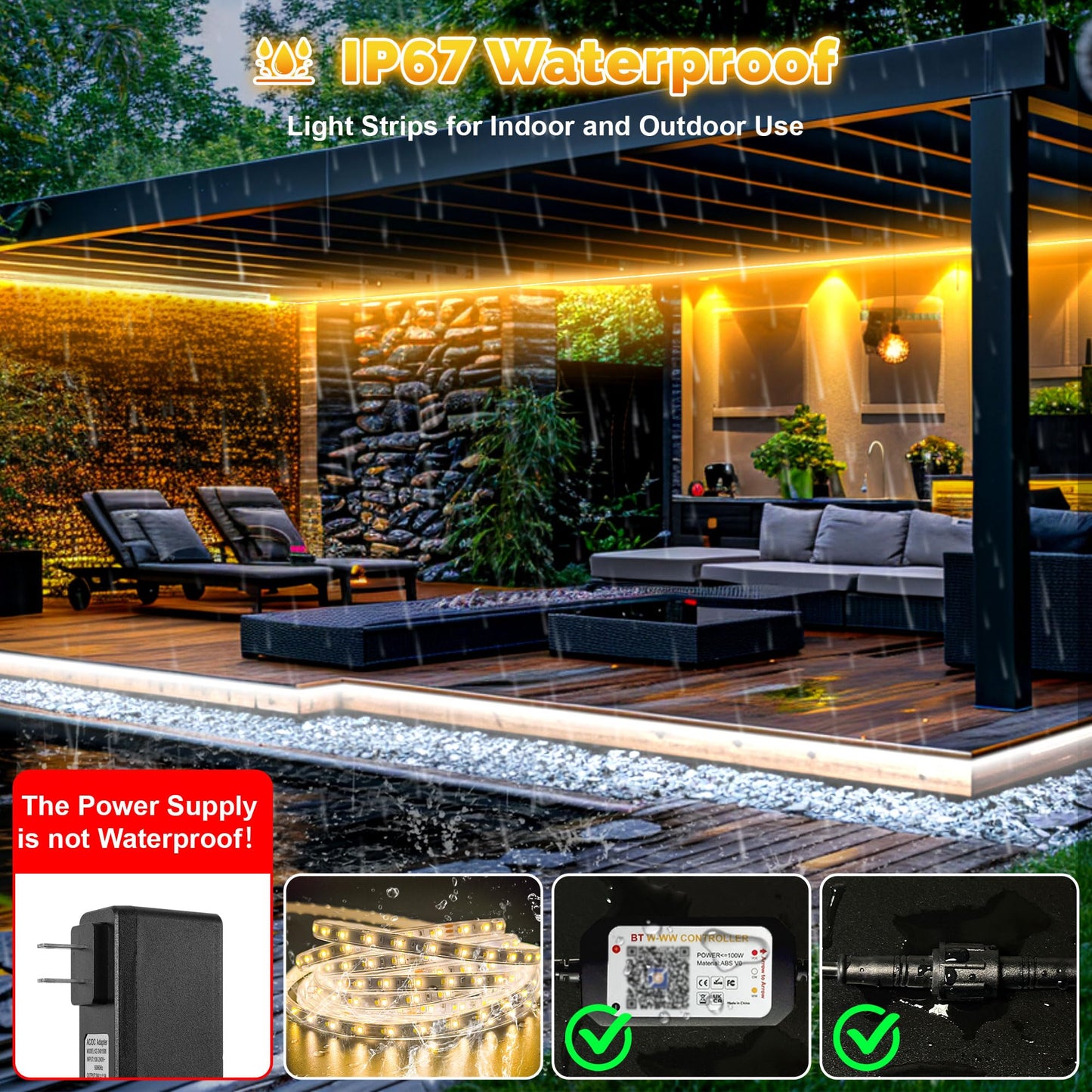 Tendist 32.8Ft Outdoor Led Strip Lights Waterproof Ip67  Dimmable 3000K-6500K Warm White Led Rope Lights Outdoor Waterproof With Remote & App  24V Adhesive Exterior Lighting For Patio  Deck  Gazebo