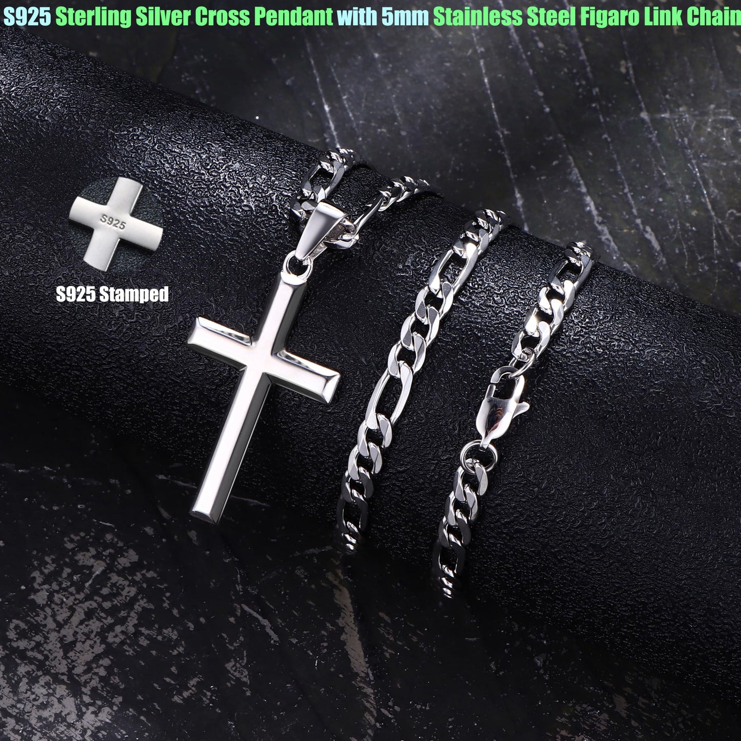 MILACOLATO 925 Sterling Silver Cross Necklace for Men Women, 5mm Durable Stainless Steel Figaro Chain with Big Beveled Edge Ster