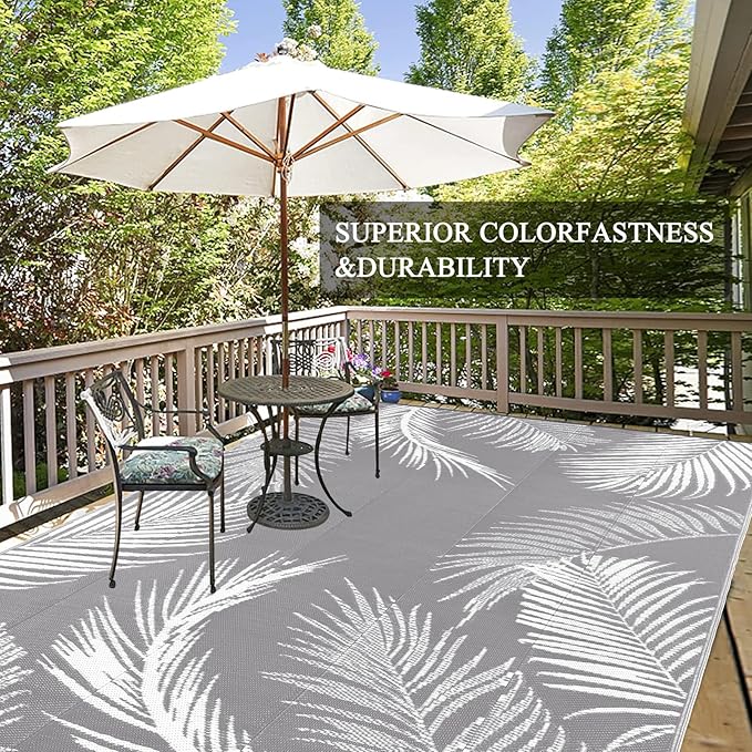 Pauwer Waterproof Outdoor Rug 9x12, Reversible Plastic Straw Patio Camping Rug, Indoor Outdoor RV Mat Carpet for Deck, Camper, Porch, Balcony, Backyard, Picnic, Leaf Grey