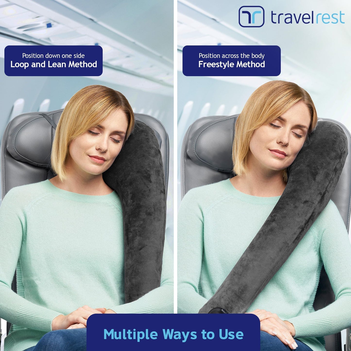 TRAVELREST All-in-One Neck & Body Pillow - Advanced Support and Comfort Design, Travel Essentials, Memory Foam, Inflatable, Airplane & Car Seat, Sleeping on Long Flight & Trips, Travel Pillow - Grey