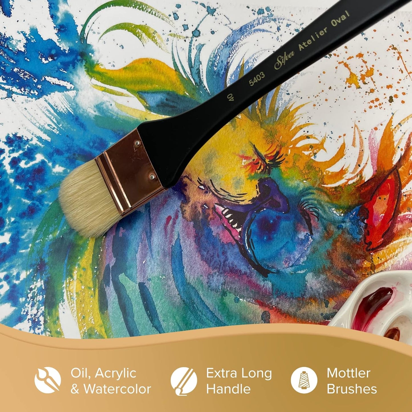 Silver Brush Limited 5403-60 Silver Atelier Oval Hog Bristle Mottler Brush, Size 60, Extra Long Handle