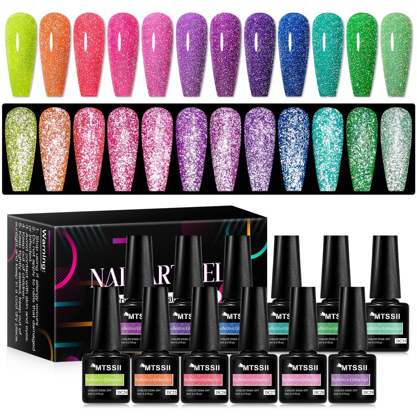 MTSSII Reflective Glitter Neon Gel Nail Polish Set, 12 Colors Gel Nail Polish Set Nails Gel Blue Hot Pink Purple Green Soak Off