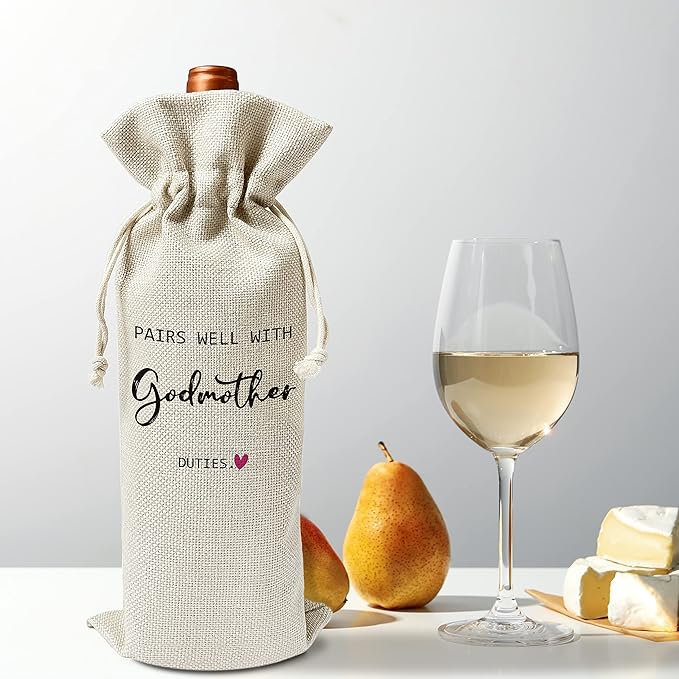 Godmother Wine Gift Bags - Gift for Godmother, Aunt, Godparent, Baptism - Reusable Burlap With Drawstring Gift Bag (5.5"x 13.5")-1 Pcs/jiu068
