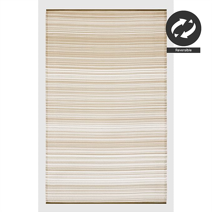 FH Home Outdoor Camping Rug - Waterproof, Fade Resistant, Reversible - Premium Recycled Plastic - Striped - Large Patio, Deck, Sunroom, RV - Havana - Beige - 4 x 6 ft Foldable