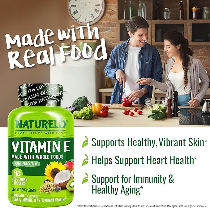 NATURELO Vitamin E - 180 mg (300 IU) of Natural Mixed Tocopherols from Organic Whole Foods - Supplement for Healthy Skin, Hair, Nails, Immune & Eye Health - Non-GMO, Soy Free - 180 Vegan Capsules