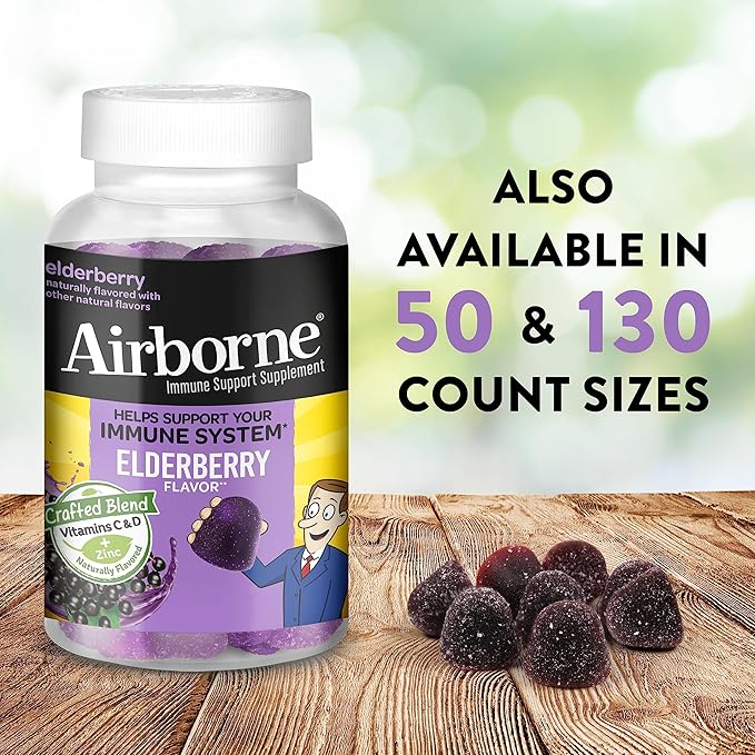 Airborne Elderberry + Zinc & Vitamin C Gummies For Adults, Immune Support Vitamin D & Zinc Gummies With Powerful Antioxidant Vitamins C D & E - 50 Gummies, Elderberry Flavor
