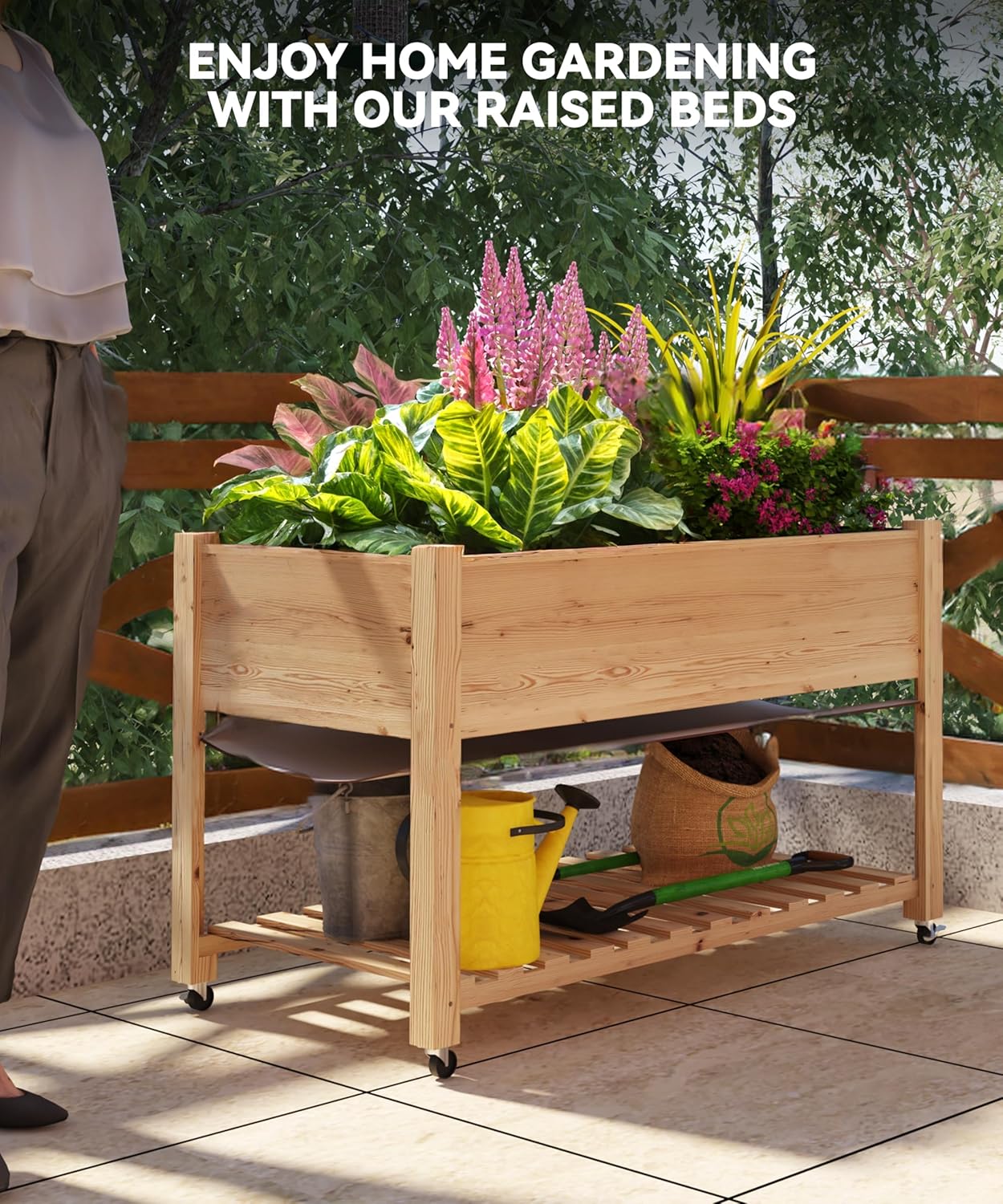 Outdoor Raised Garden Beds with Lockable Wheels Elevated Wooden Growing Bed for Flowers, Vegetables,Planter Box with Legs & Storage Shelf for Backyard, Patio, Balcony