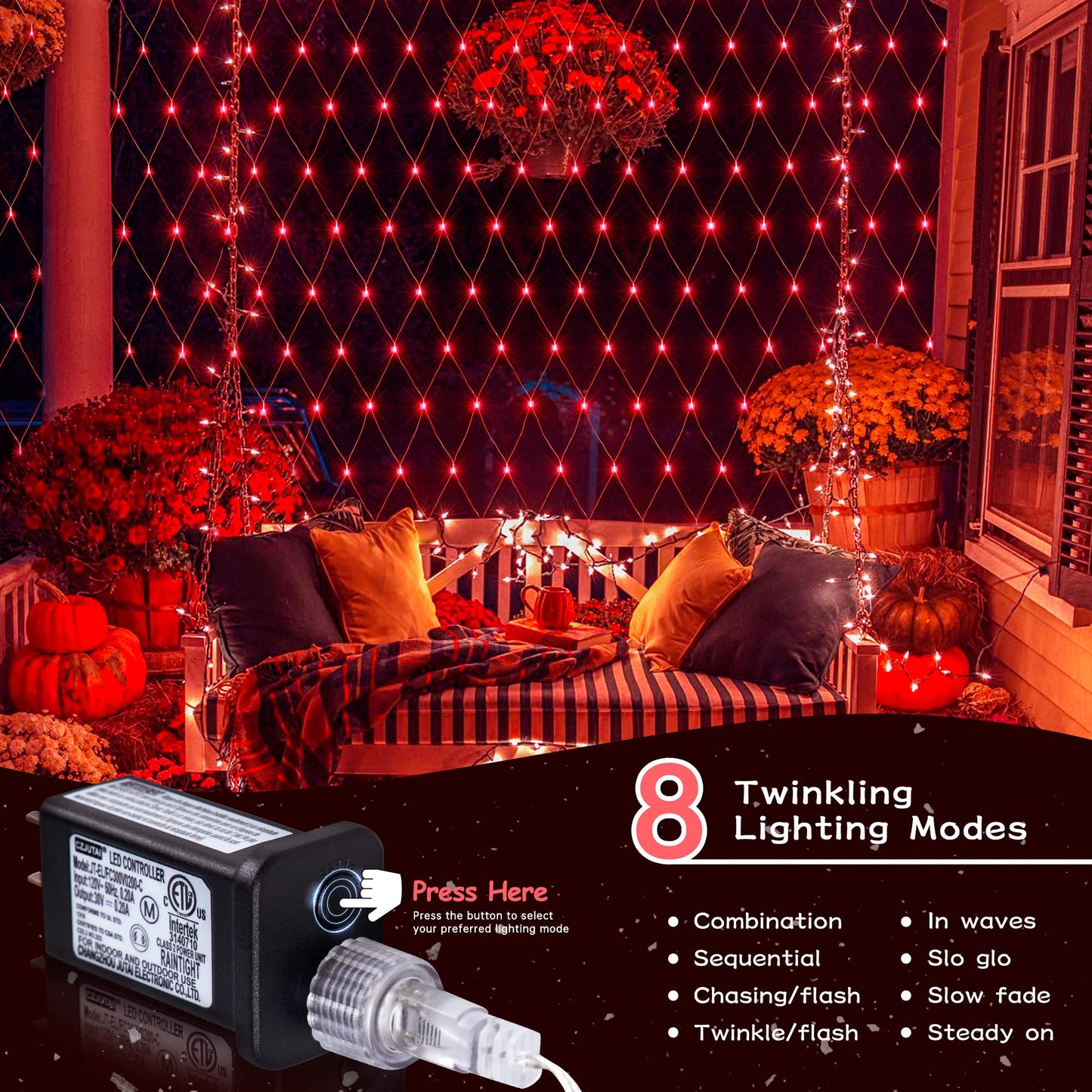 oopswow Christmas Net Lights, 192 LED, 8 Modes, 30V Low Voltage, 9.8ft x 6.6ft, Red, Model QX-U-O-N-