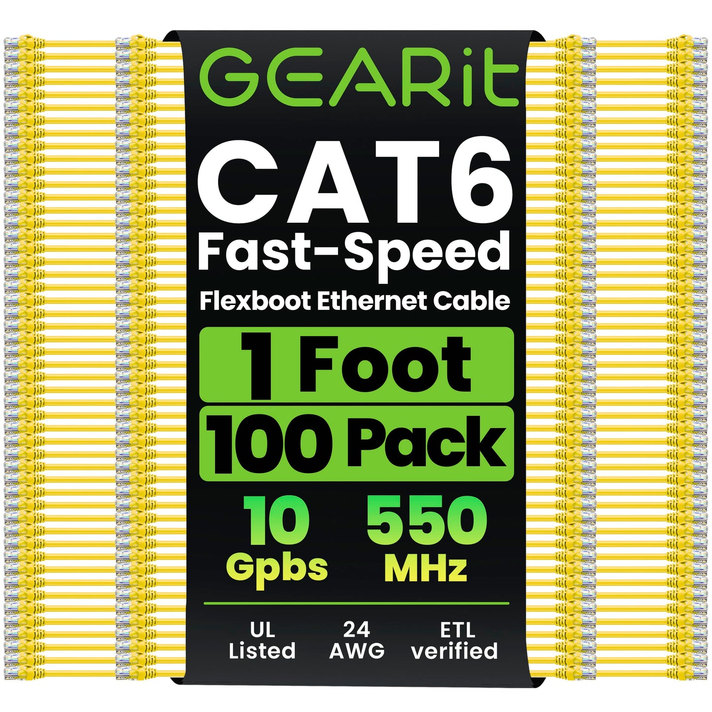 Gearit 100-Pack Cat6 Patch Cable 1 Foot Cat 6 Ethernet Cable Snagless Flexible Soft Tab - Premium Series - Yellow