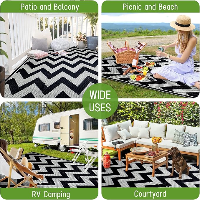 Easy-Going Reversible Outdoor Rugs 6x9ft Waterproof Plastic Straw Rug Stain & UV Resistant Floor Mat for Patio Porch RV Backyard Pool Deck Picnic Beach Trailer Camping (Waved Black & Light Grey)