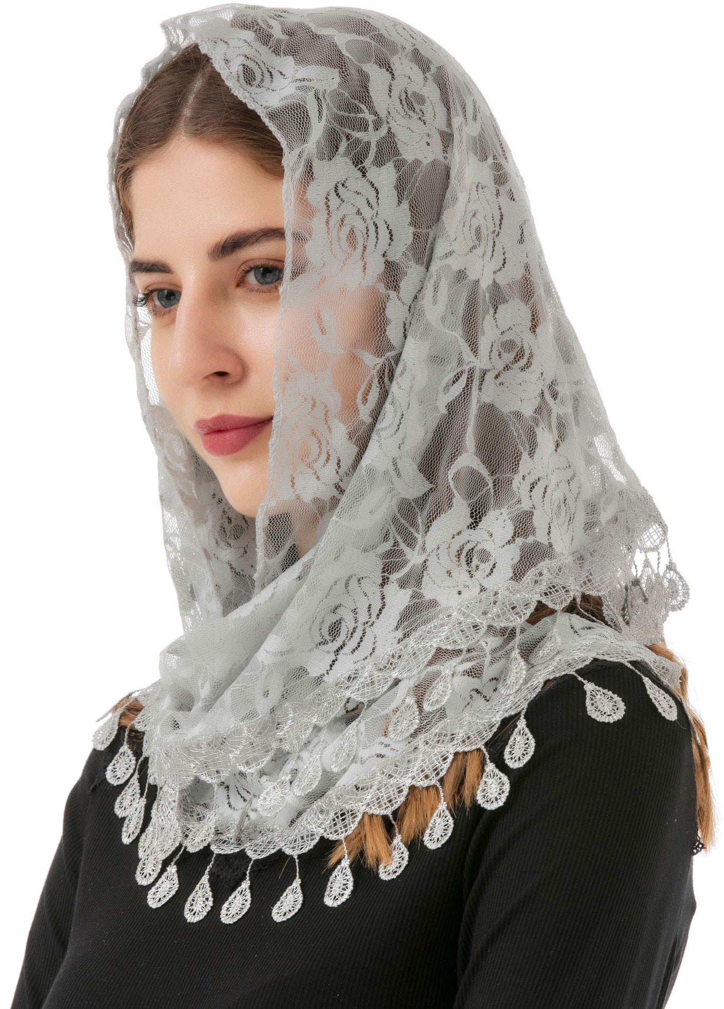 PAMOR Mass Veil Triangle Mantilla Cathedral Head Covering Chapel Veil Lace Shawl Latin Scarf (Gray)