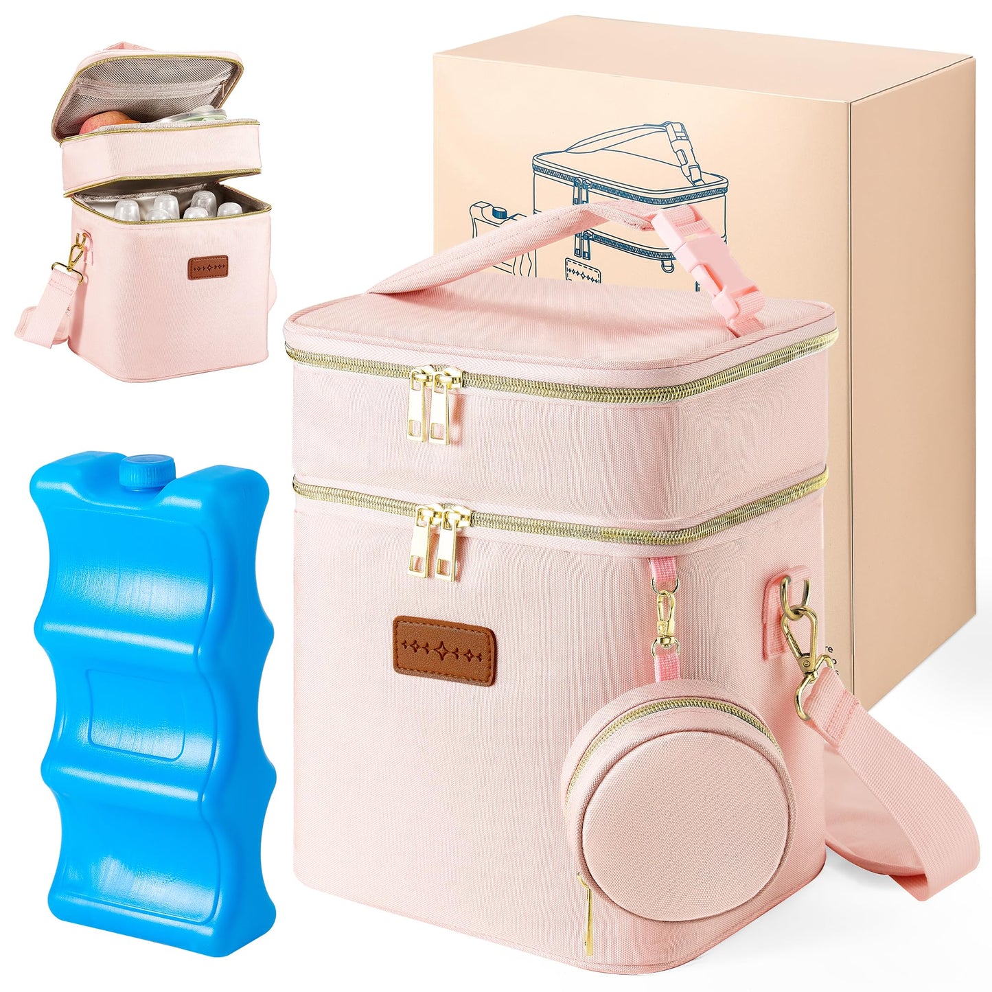 Breastmilk Cooler Bag with Ice Pack & Pacifier Case, Fits 6 Bottles up to 9 oz, Double Layer Insulated Baby Bottle Bag for Working Nursing Moms Gift Set,Pink