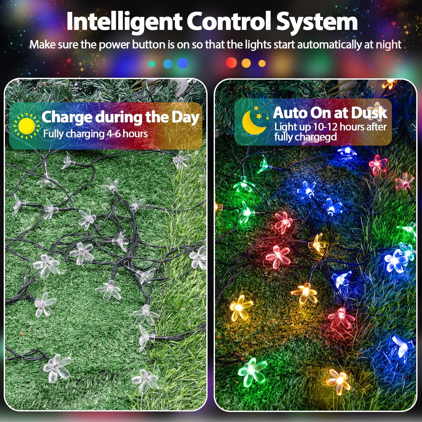 OZS 2PK Solar String Lights, 80 LED, 50FT, Cherry-Multicolor, Waterproof, 8 Lighting Modes, Garden Decor