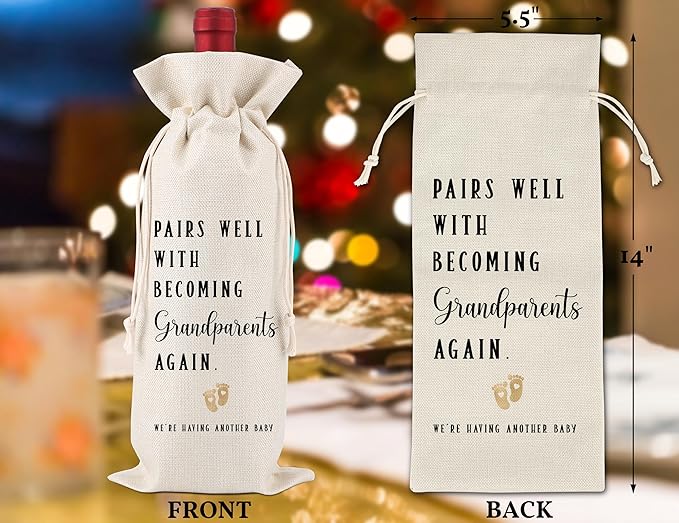 Pregnancy Announcement,Gift for Being Grandparents Again,Wine Bag Gifts for Grandparents,New Baby Gift,Pairs Well With Becoming Grandparents Again,1 Drawstring Gift Wine Bag,Q22