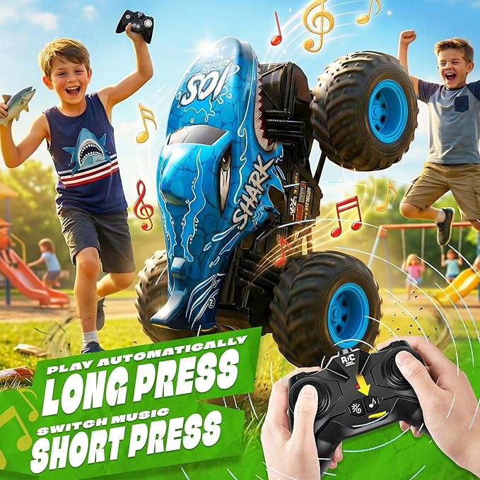 BEZGAR Monster Truck Toys - Remote Control Monster Truck with Light & Music, Dinosaur Toys for Kids, 1:20 Scale RC Truck with 360° Spins and Drifting, Remote Control Car for Boys (Blue)
