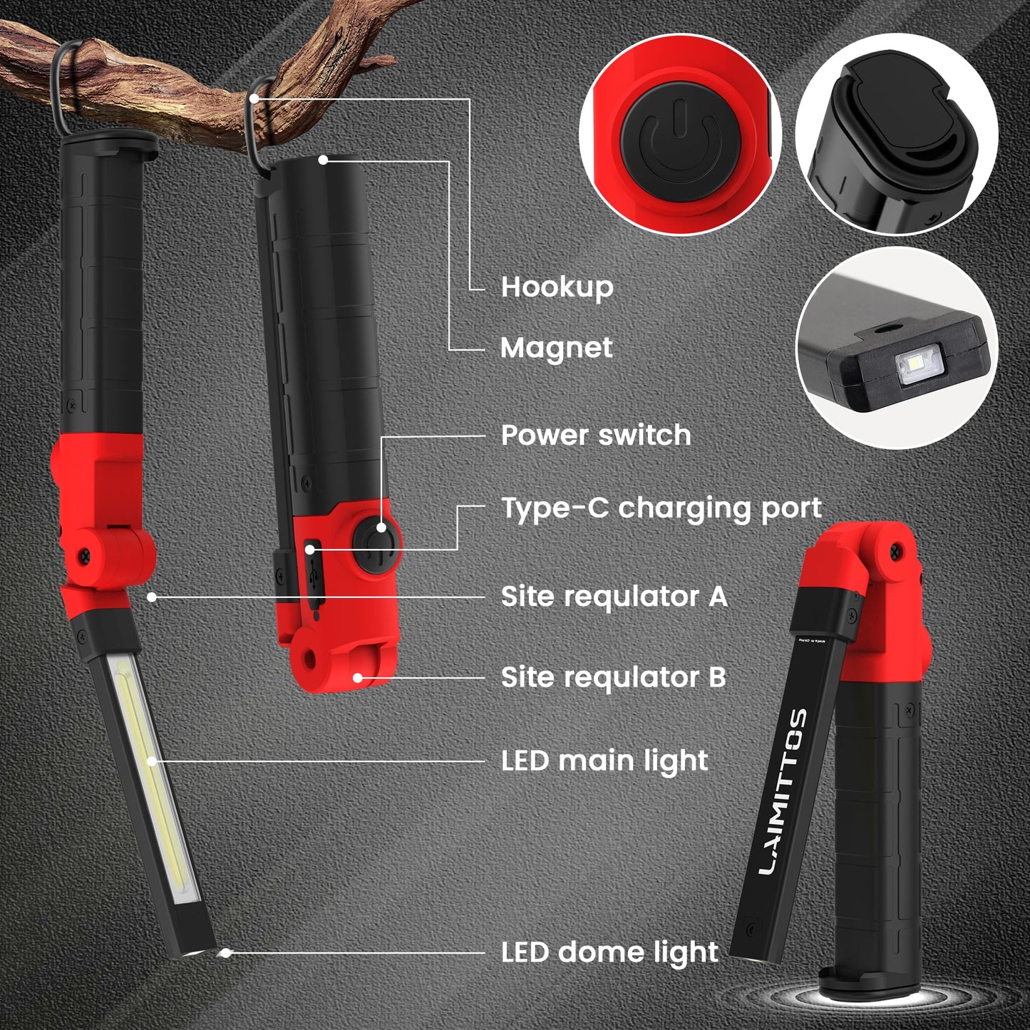 LAIMITTOS Rechargeable Work Light 2200mAh Magnetic LED Work Light Flashlight Mechanic Light Tool for Men Him, Foldable Lamp with Hook for Car Repair Emergency BBQ Grill (4 Pack)