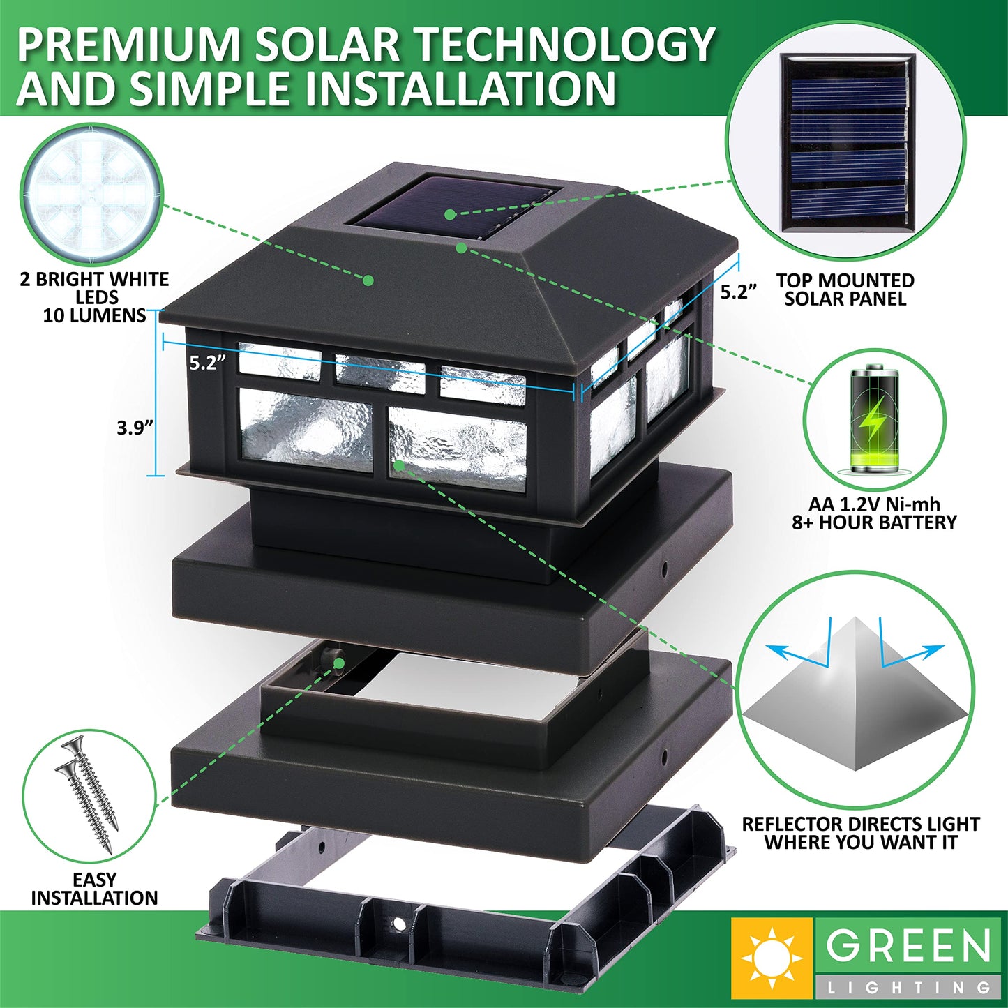 GreenLighting Solar Post Cap Lights, Waterproof Black, 4 Pack, Fits 4x4 & 5x5 PVC/Vinyl, Bright LED, Model TN-1222602