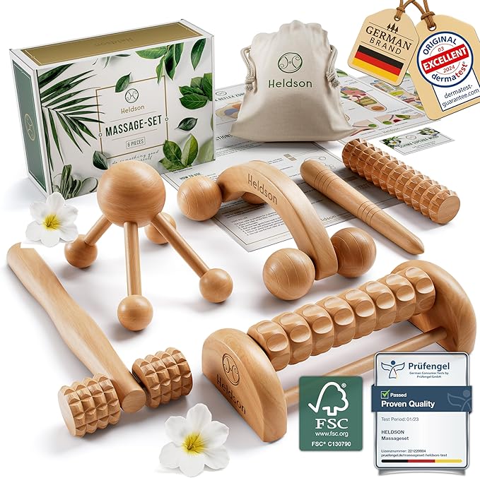 HELDSON® Wooden Therapy Massage Tools [6 Pieces] - Wood Rollers for Body Sculpting - Lymphatic Drainage Massager - Celluli...
