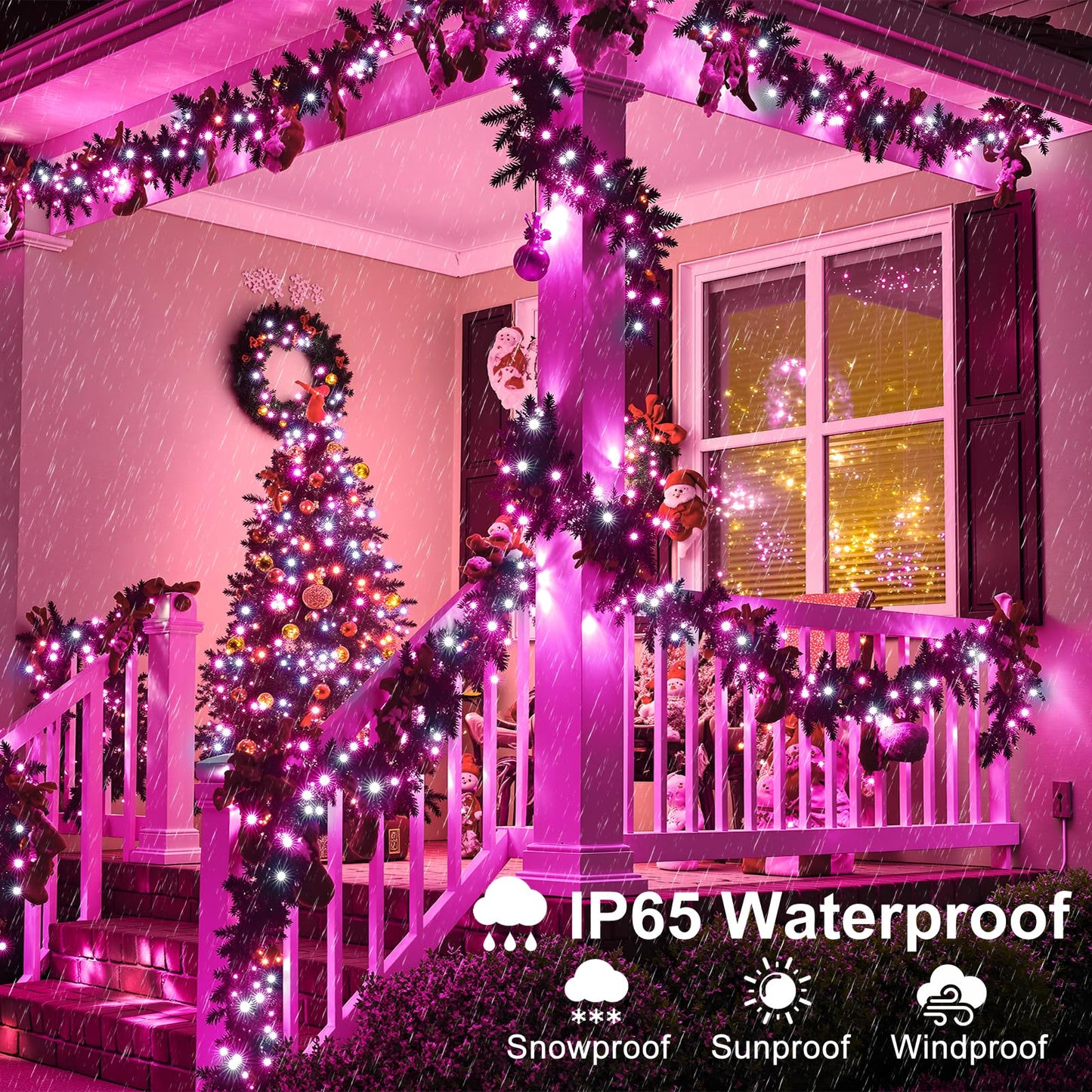 Nielfoi 100Ft 300 Led Christmas Lights  Christmas Tree Lights With 8 Modes Waterproof  Green Wire Outdoor String Lights  Plug In Xmas Decorations For Indoor House Yard Holiday  Pink White