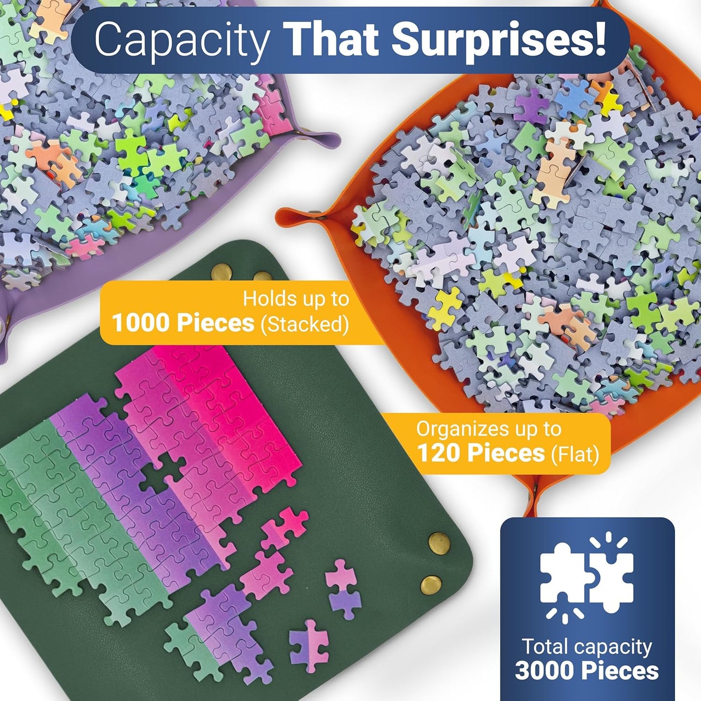 Puzzle Sorting Trays - 3X Large Puzzle Organizer for Sorting 1000 Pieces up to 3000 Pieces, Stackable Jigsaw Accessories for Adults in Orange, Green and Purple