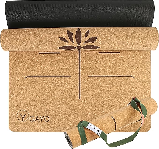 Y O Gayo Premium Yoga Cork Mat | 5mm Thick Natural Tree Rubber Base and Bigger Mat for Extra Support, Alignment lines for ...