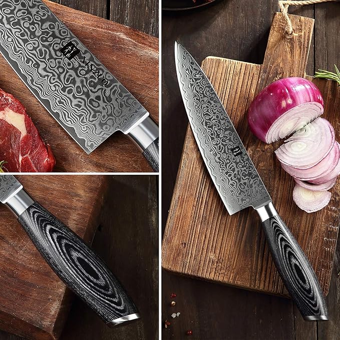 XINZUO Kitchen Knife Block Set,7-Piece Damascus Cooking Knife Set with Kitchen Shears for Professional Chefs and Home Cooking,Pakkawood Handle, Gift Box