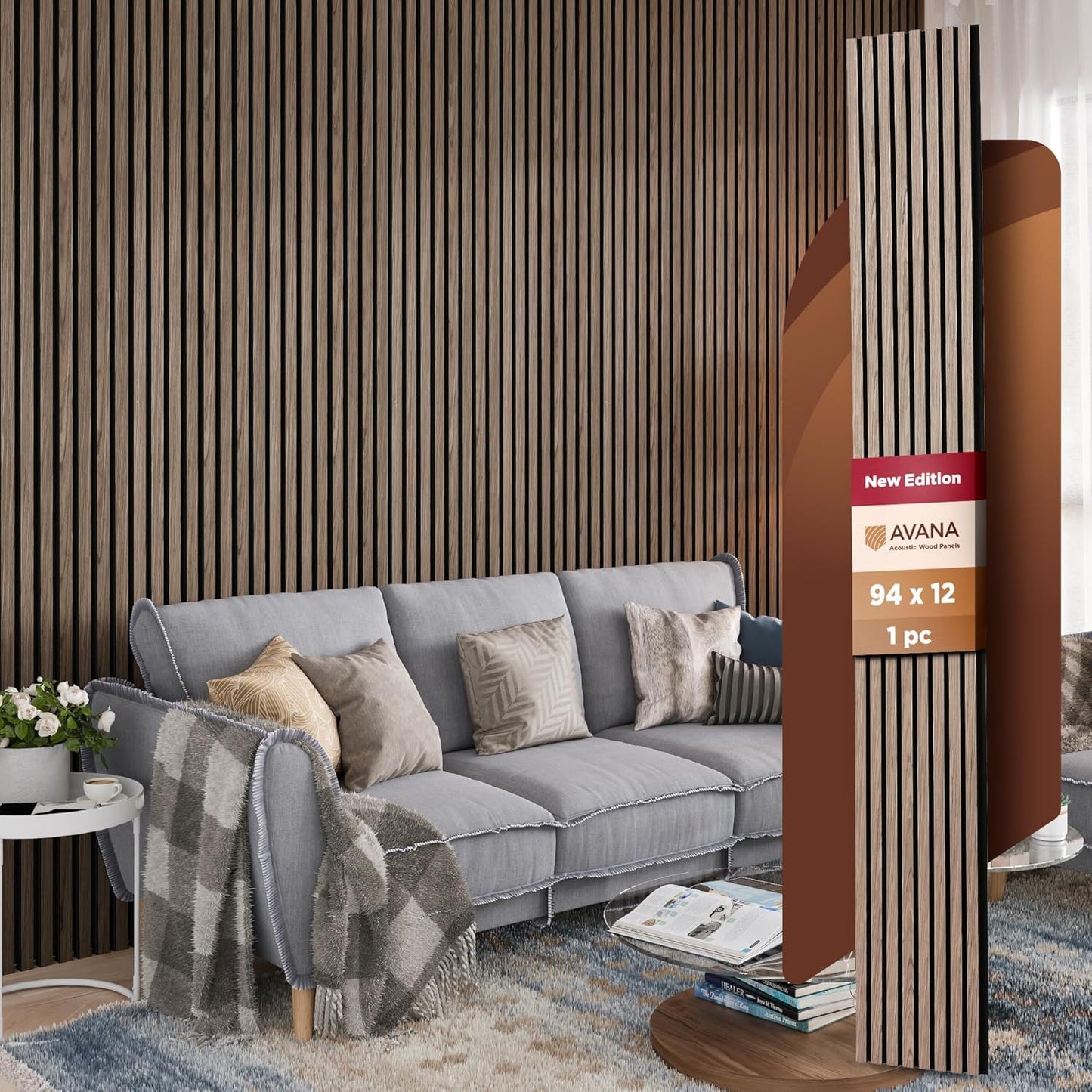 Avana Modern Acoustic Wood Wall Panels – 94.4 X 12.6 Inch Walnut Acoustic Panels 1 PC – Wall Panels For Interior Wall Decor For Homes, Offices, Studios – Sturdy And Durable Wood Panels For Wall