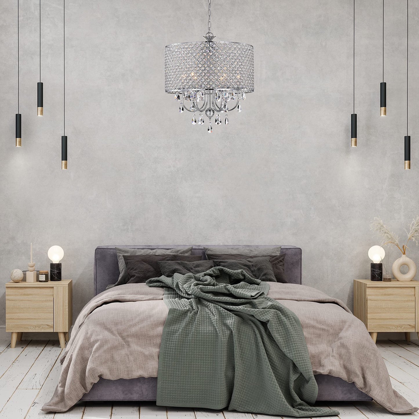 Edvivi Marya 6-Light Chrome Drum Crystal Chandelier, Adjustable Ceiling Light Fixture For Dining Room, Living Room, Bedroom
