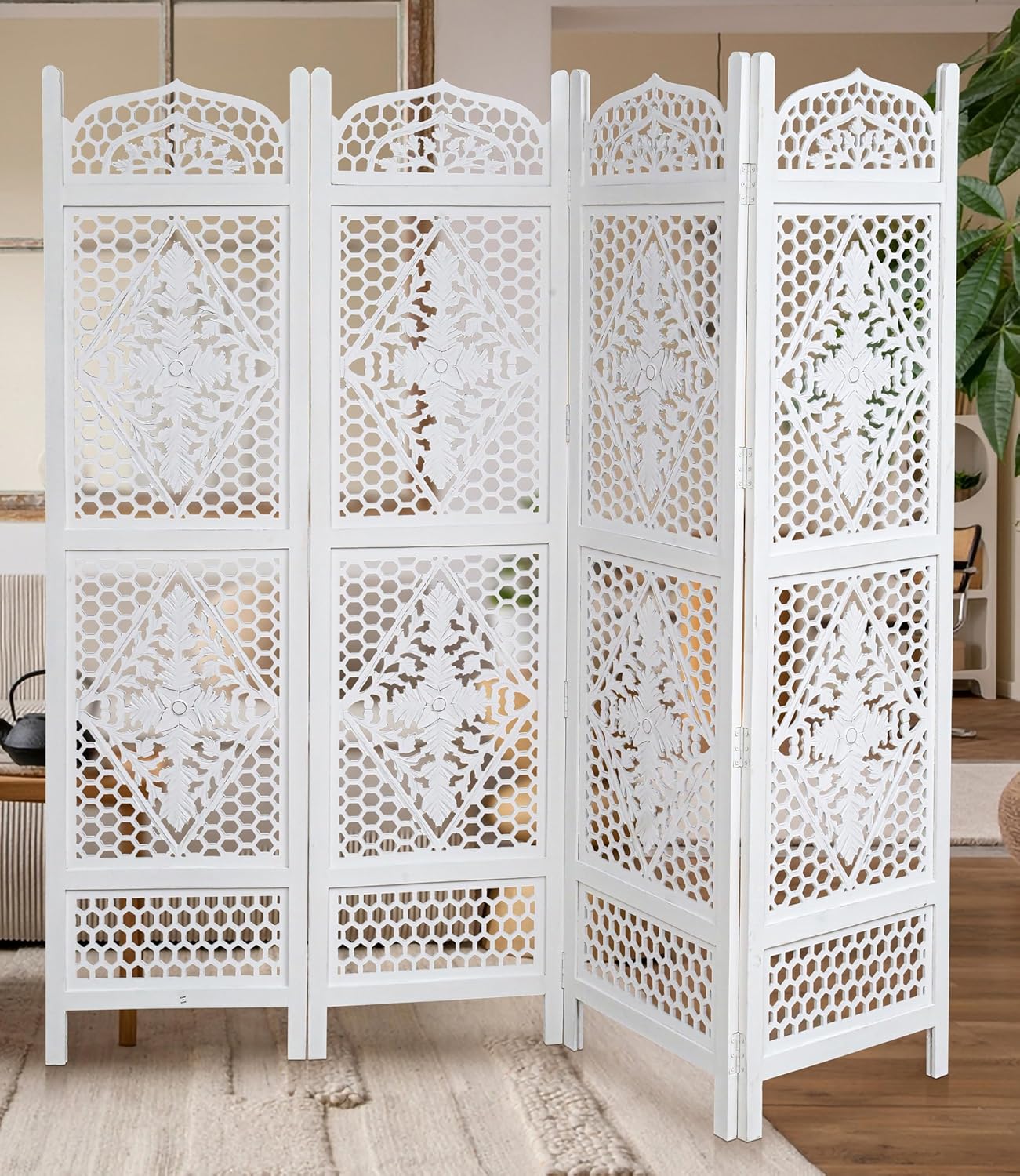 Room Divider Wood Screen Panel – Antique White, 4-Panel Folding 80"x72", Hand-Carved, Reversible Privacy Partition, Decorative & Functional Portable Room Divider for Home or Office