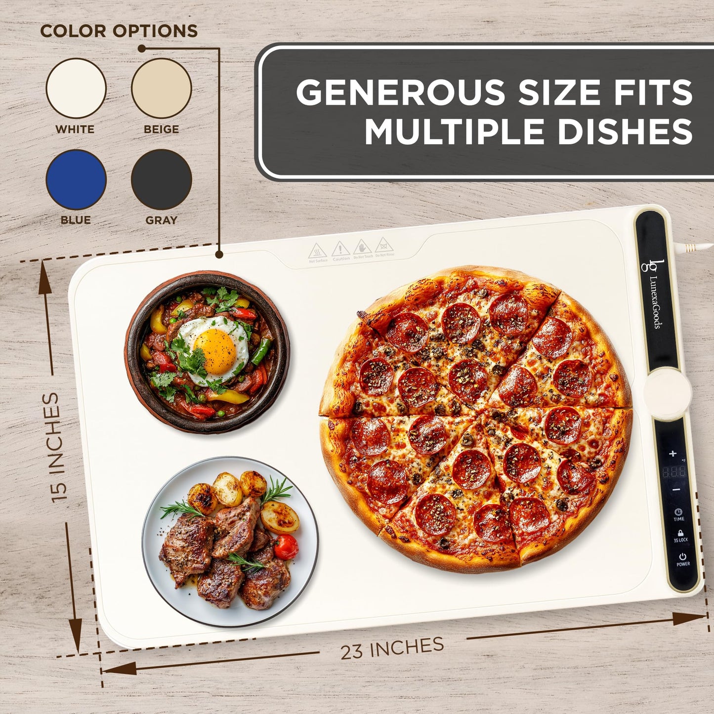LunexaGoods Food Warming Mat, 9-Temperature Electric Heating Tray with Timer & Safety Lock, Silicone Roll-Up Buffet Warmer for Countertop, Parties, Home & Travel (Dark Grey)