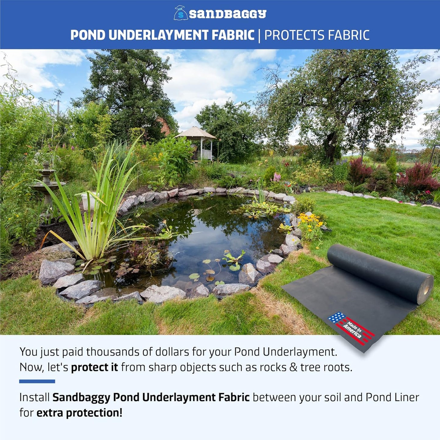 Sandbaggy Geotextile Pond Underlayment Padding | Made in USA | 50 YEAR Life* | Non Woven Fabric Protects Pond Liner From Damage | Made of Industrial Grade DOT Approved Fabric (40 ft x 20 ft or 800 sq ft)