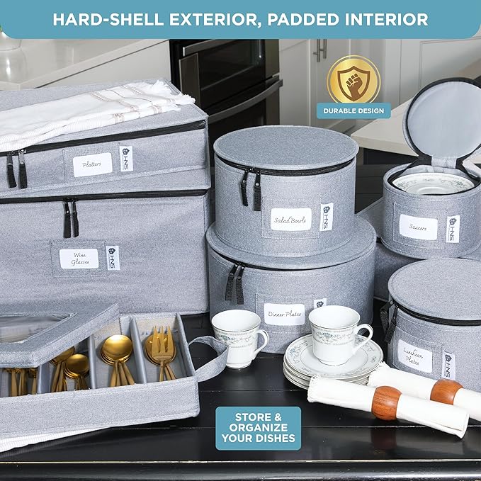Hard Shell China Storage Containers 8-Piece Set Moving Boxes for Dinnerware, Glasses, Plates, Mugs and Saucers Sturdy Dish Organizer with Dividers for Seasonal Storage - Service for 12 - Grey