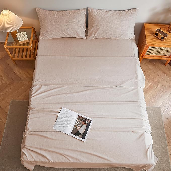 Queen Sheets Light Pink, Ultral Soft Cationic Linen Look Sheets, Luxury Cooling Cozy Bed Sheet Set with Non-Slip Fitted Sheet