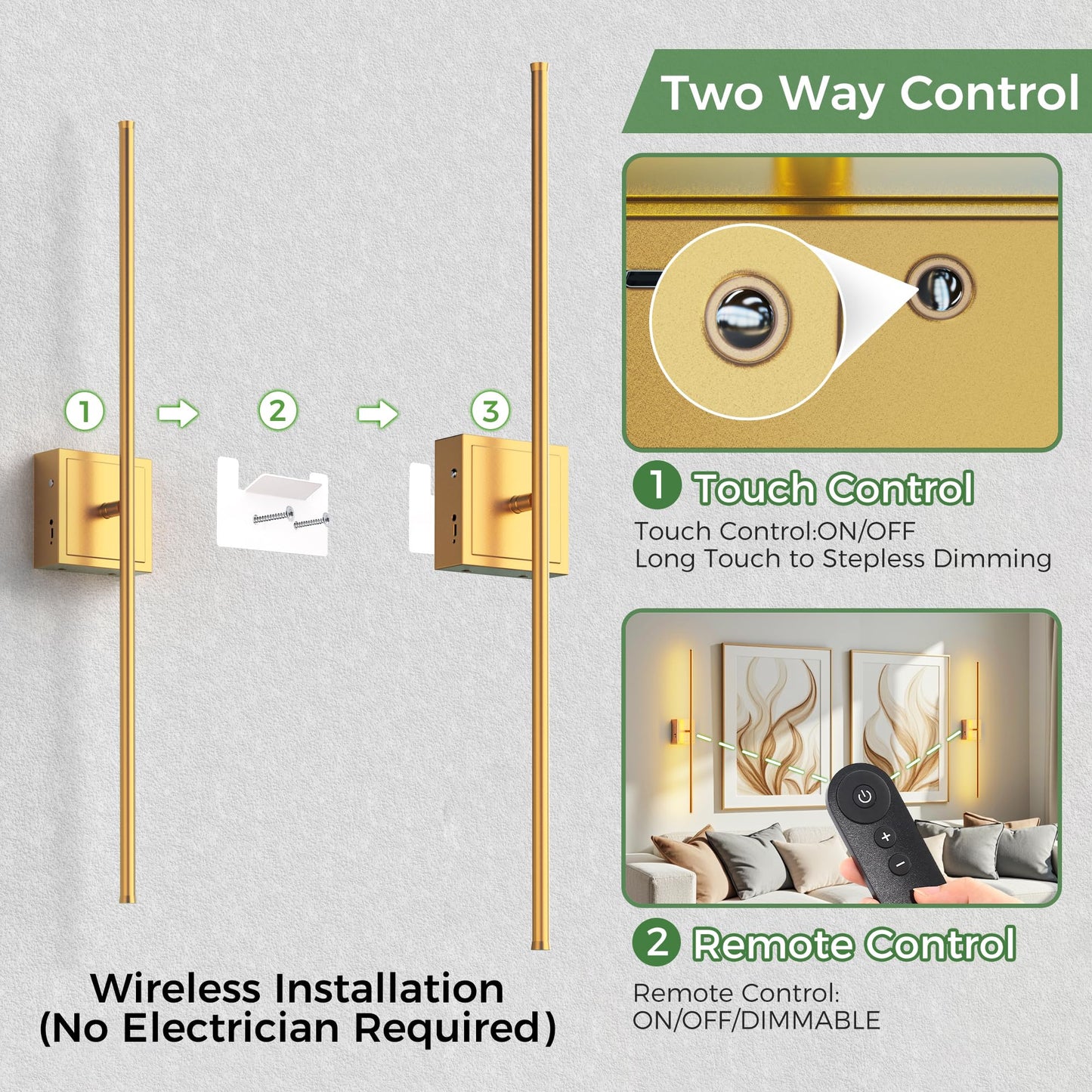 DORESshop Battery Operated Wall Sconces Set of 2, Dimmable, Gold, 31.6 Inch, Remote Control, Model SF20250921B0DNZJ2