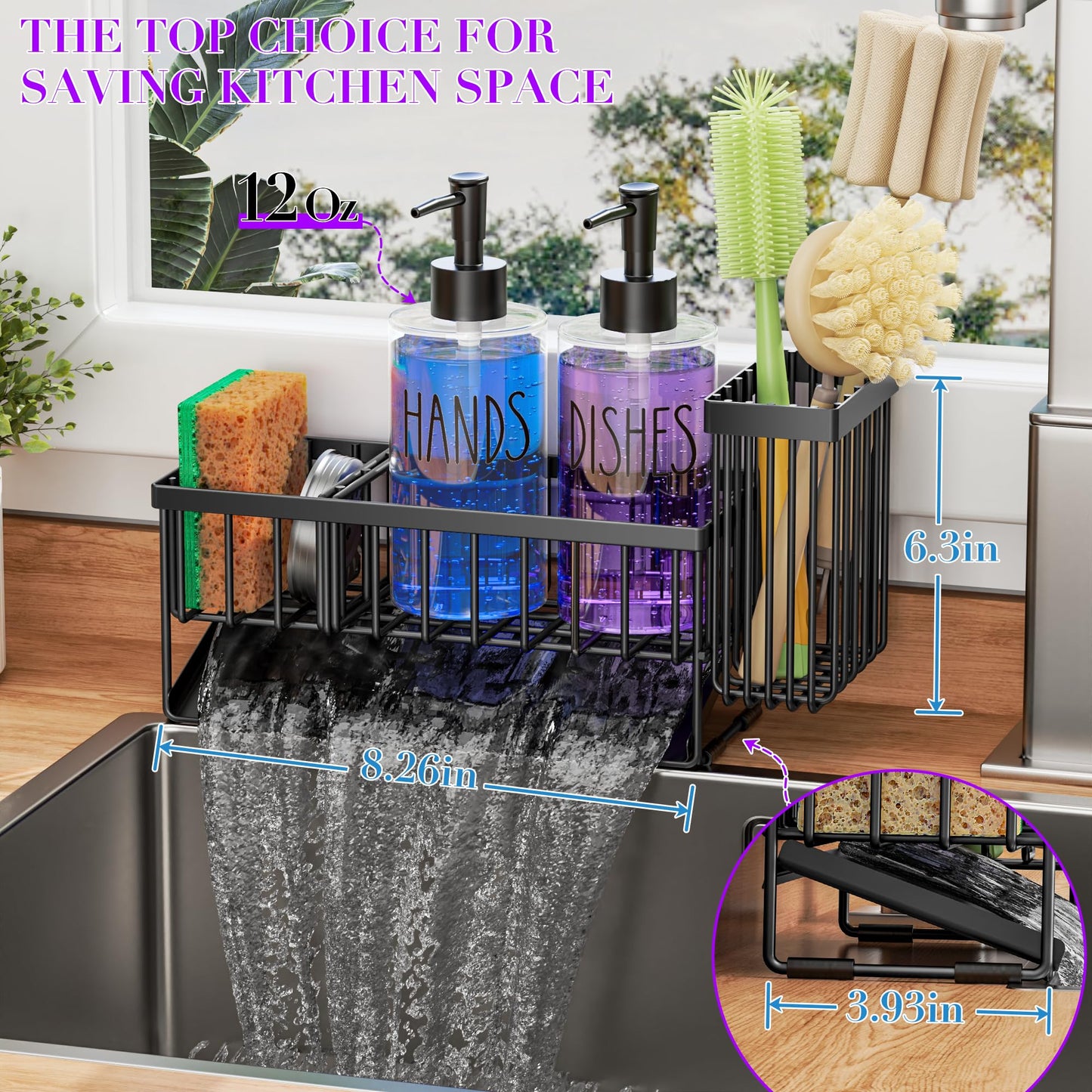 MASADI Kitchen Dish Soap Dispenser Set with Sponge Holder, 12OZ Glass Bottle, Hand and Dish Soap Dispenser Set, Non-Slip Silicone Pad, Brush Holder, Kitchen Sink Organizer Countertop (Black+Clear)