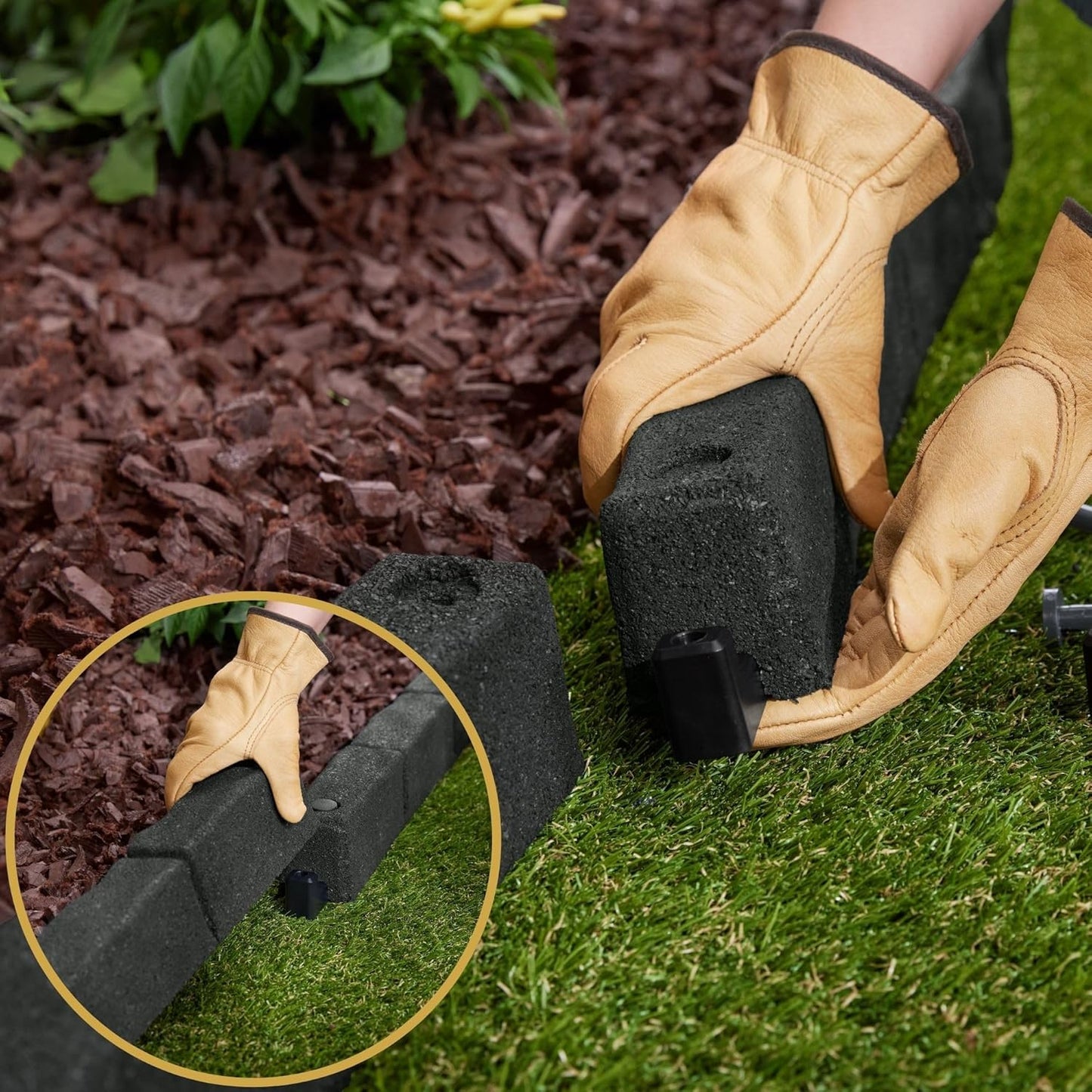 Rubberific 4' Rubber Cobblestone Flexible No Dig Landscape Mulch Border Edging with Anchoring Spikes for Lawns, Gardens, and Flower Beds (6, Gray)