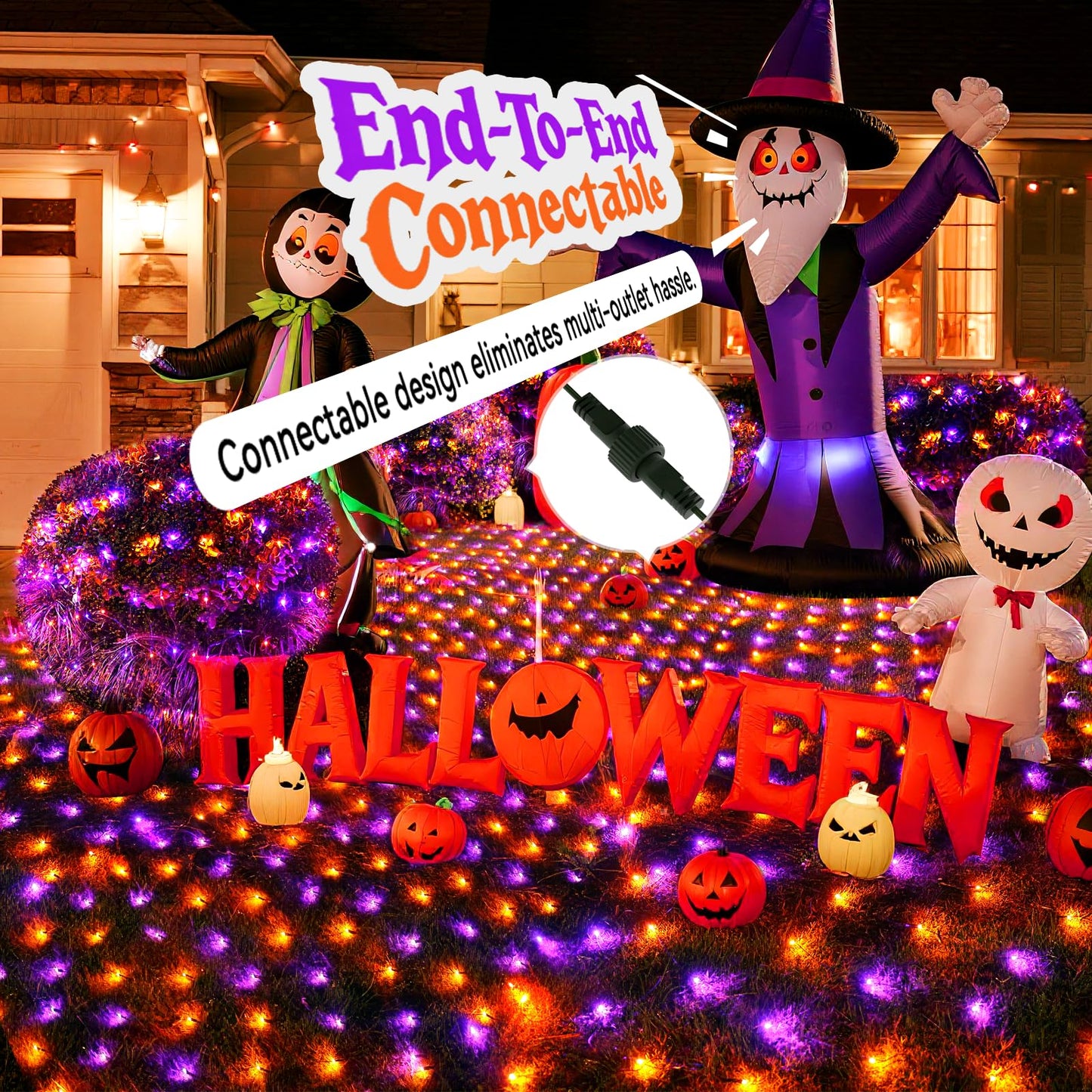 Lithome 21Ft X 5Ft Halloween Net Lights  360 Led Purple Orange Bush Lights With 8 Modes  Connectable Waterproof Net Mesh Light Dark Green Wire For Bushes Shrubs Trees Outdoor Holiday Decor