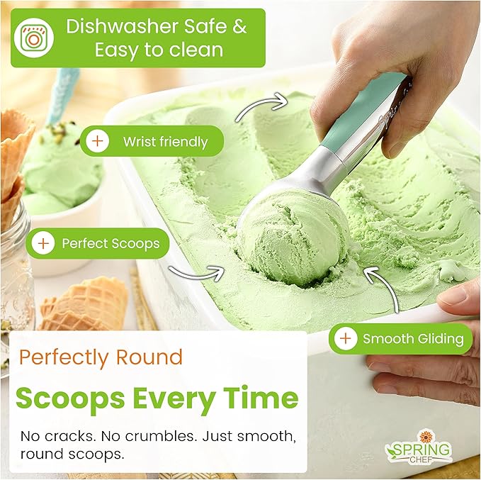 Spring Chef Heavy Duty Metal Ice Cream Scoop - Dishwasher Safe Ice Cream Scooper, Commercial Icecream Scoop Spade, Professional Kitchen Tool for Gelato, Melon, Sundae, Cookie Spoon - Mint