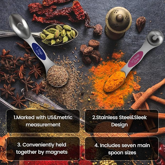16PCS Magnetic Measuring Spoons and Measuring Cups Set, 7 Double-Sided Spoons& 1 Leveler and 8 Measuring Cups, Multicolor, Stainless Steel, Fits Spice Jars, Large Capacity Measurement