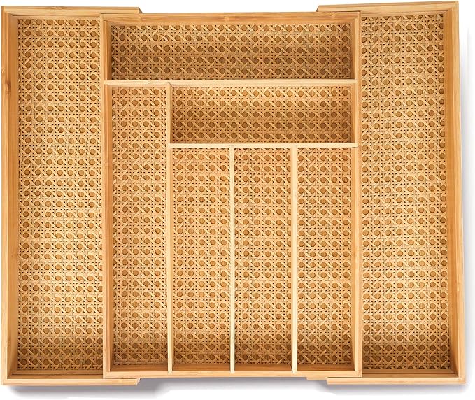 Bamboo & Rattan Expandable Drawer Organizer – Rustic Wood Utensil Holder, Cutlery Tray for Kitchen & Office – Adjustable Width 13" to 22", Size 13"x18"x2.6"