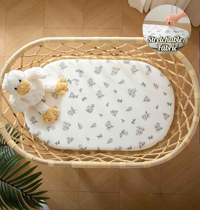 SDY Floral Bassinet Sheets 2pk Microfiber Jersey Bassinet Fitted Sheets for Boys Girls,for Rectangle, Round, Oval, Hourglass Mattress 32 "x 16"x 4"