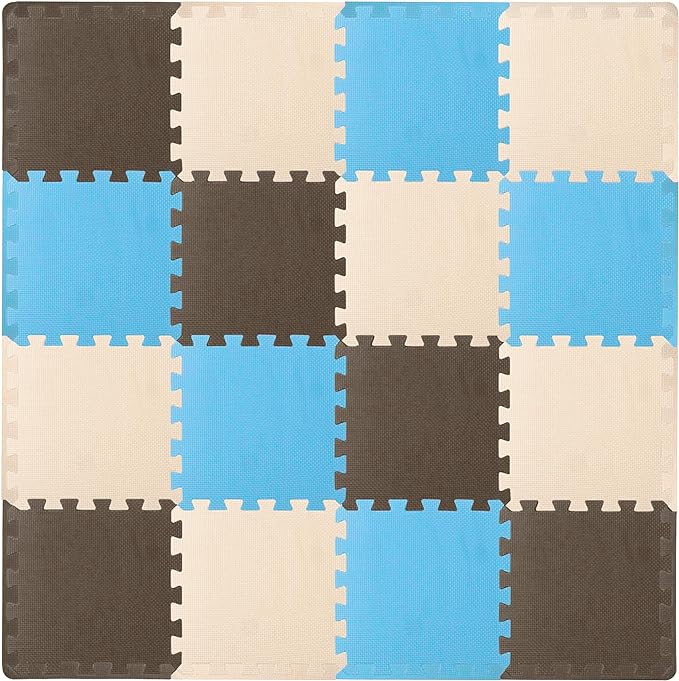 ProSource Foam Puzzle Floor Play Mat for Kids and Babies with Solid Colors, 36 or 16 Interlocking Tiles with Borders, Blue/Brown/Beige