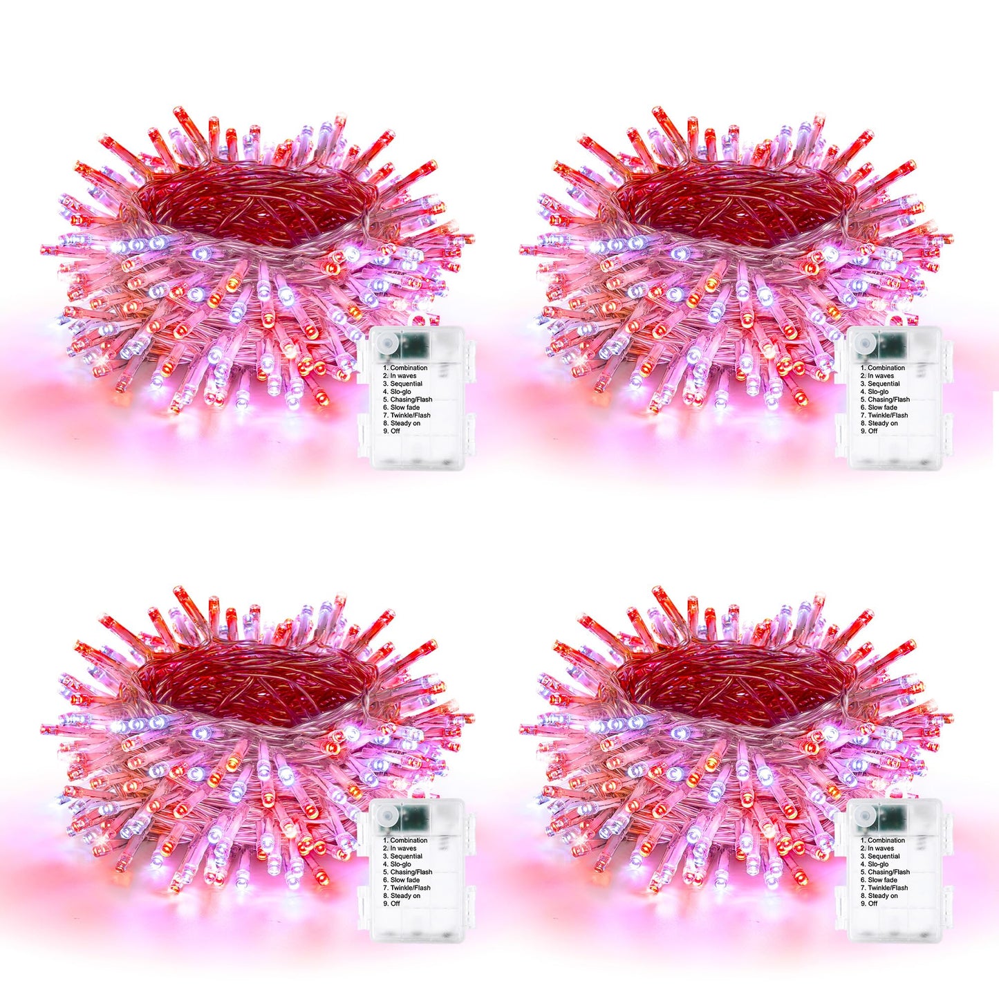 Lomotech Battery Operated Christmas Lights - 4 Pack Total 66Ft 200Leds String Lights 8 Modes Waterproof With Timer For Home  Garden  Party  Holiday  Tree Decoration (Clear Wire  Red & White)