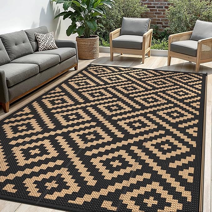 Outdoor Rug for Patio - Waterproof Plastic Straw Camping Rugs 6x9 ft, Reversible Outdoor Indoor RV Mat Carpet for Patio, Porch, Deck, Balcony, Picnic, Beach, Black Brown